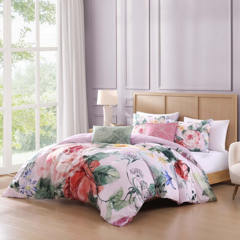 BeBeJan Bebejan Cool Pink Roses 200 Thread Count 100% Cotton Sateen 5-Piece Reversible Comforter Set