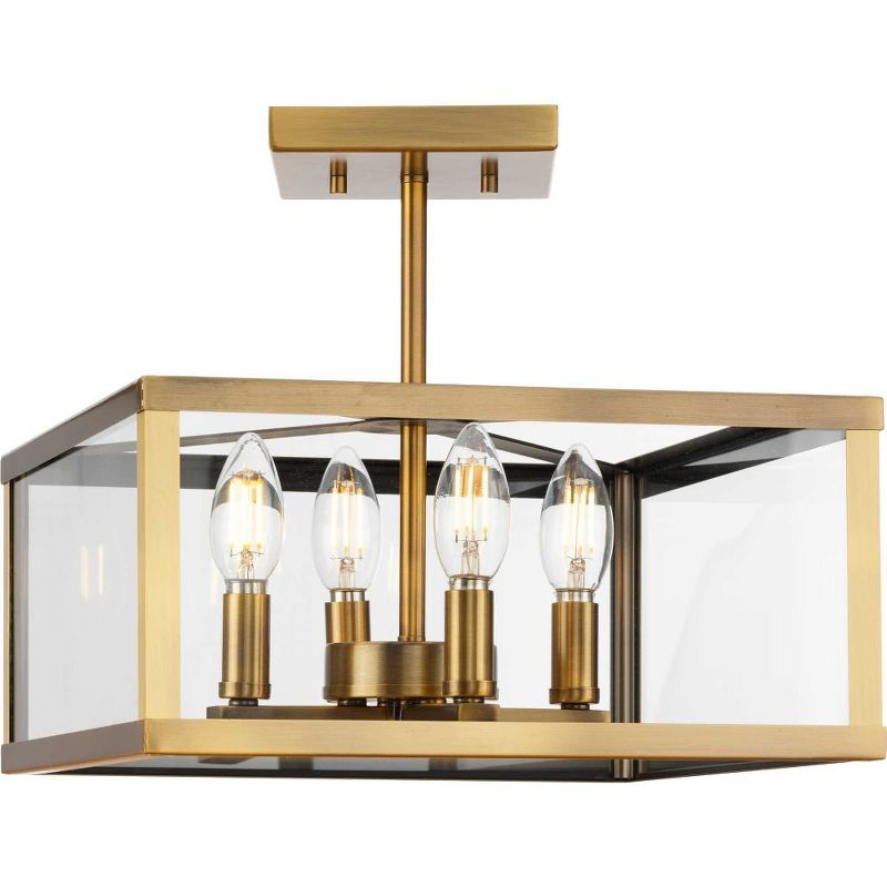 Progress Lighting Hillcrest 4-Light Vintage Brass Semi-Flush Mount with Clear Beveled Glass Panels