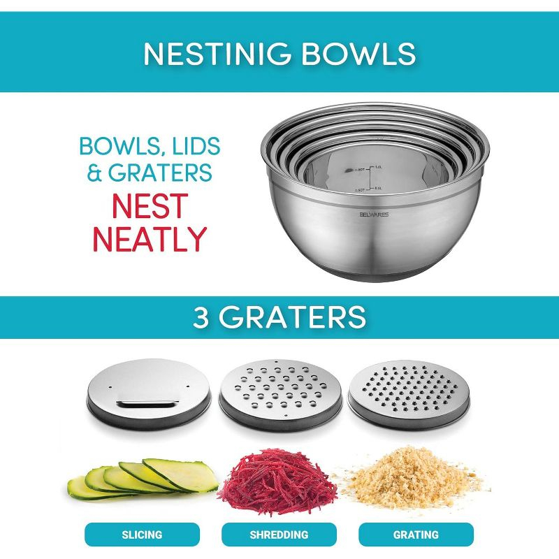 Mixing Bowls with Lids Set - Nesting Bowls with Airtight Lids + Graters - Stainless Steel Non-Slip Mixing Bowl for Baking, (Multicolor, 5-Piece Set)
