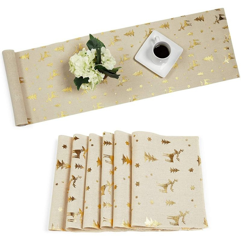 Juvale Christmas Placemats with Table Runner (Gold Foil, 6 Pieces)