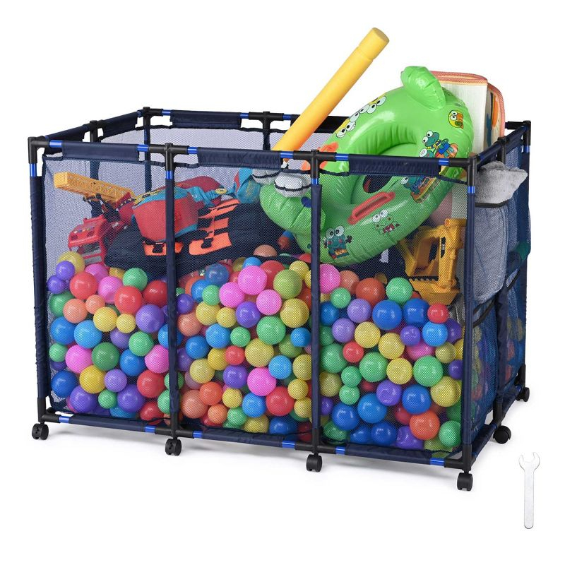 Yescom Metal Frame 10 Wheels Rolling Mesh Pool Storage Bin Pool Floats Storage Organizer for Pool Toys Balls Pool Noodles, Blue