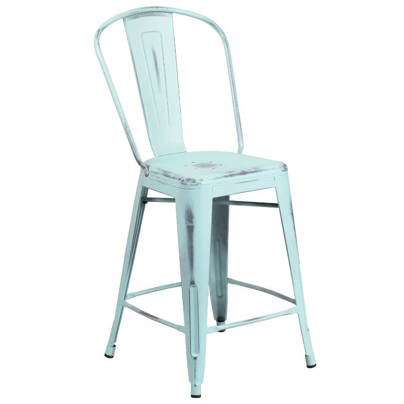 Merrick Lane 24" Metal Indoor-Outdoor Counter Stool with Vertical Slat Back and Integrated Footrest in Distressed Green-Blue