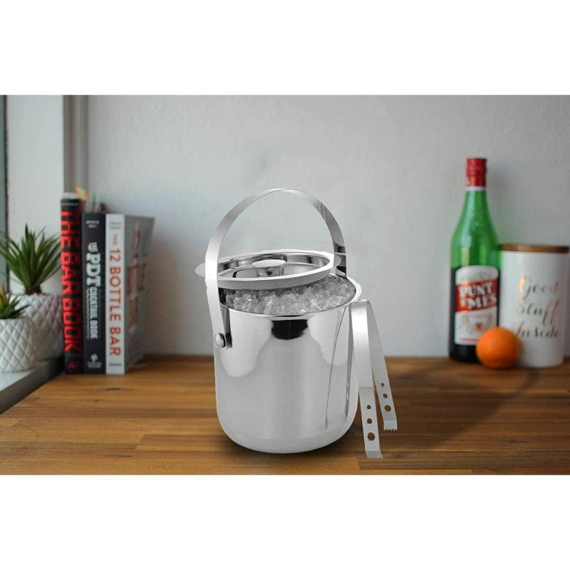 Sol Living 3 Qt. Double Wall Stainless Steel Ice Bucket Includes Tongs and Lid - Plain & Shiny