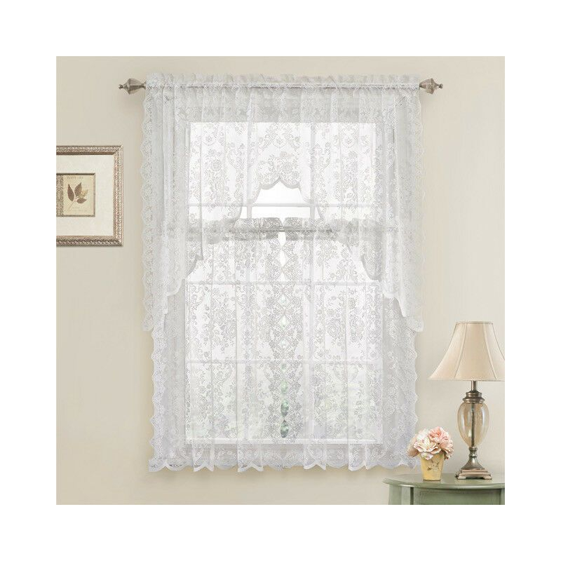 Kate Aurora Shabby Living Lena Floral Lace Complete Kitchen Curtain Tier & Swag Set - 58 in. W x 36 in. L, White