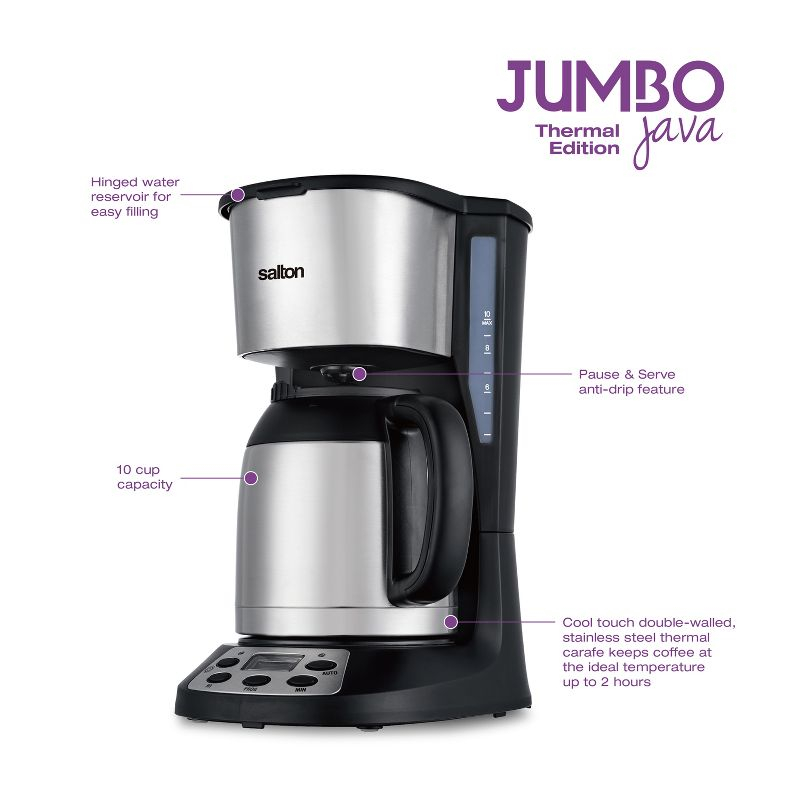 Salton Jumbo Java 10 Cup Drip Coffee Maker, XL Capacity Thermal Carafe, 24 Hour Programmable Timer, Extended Keep Warm, Pause & Serve, 1000 Watts