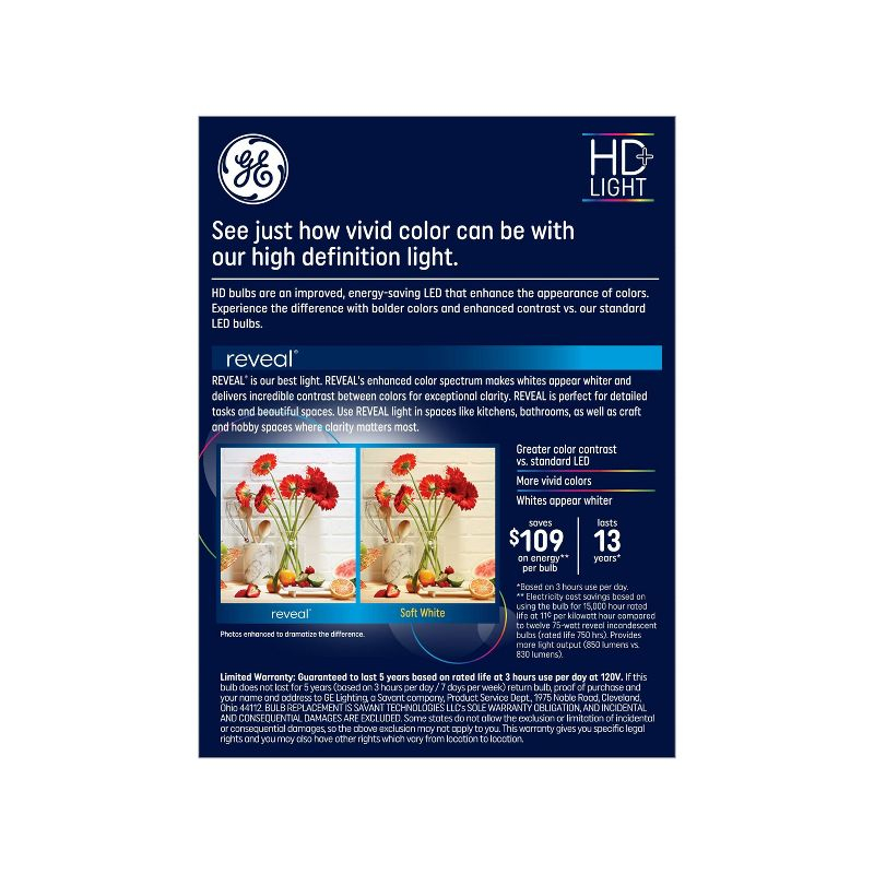 GE 4pk 75W Reveal A19 LED Light Bulbs Daylight: Dimmable, 850 Lumens, 2850K, E26 Base, 13.7-Year Life, Suitable for Wet Locations