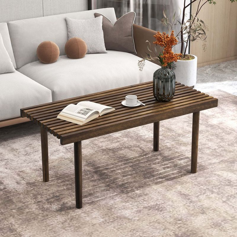 Costway 39" Coffee Table Rubber Wood Rectangle Cocktail Tea Table Slatted Tabletop Brown