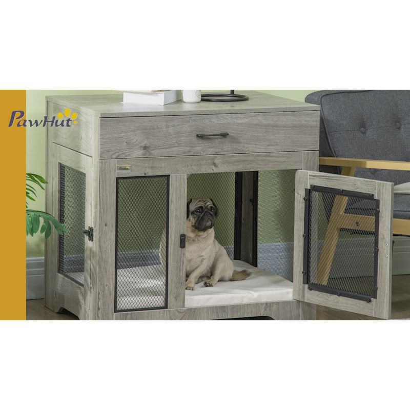 PawHut Dog Crate Furniture with Soft Water-Resistant Cushion, Dog Kennel End Table with Drawer, Puppy Crate for Small Dogs Indoor with 2 Doors, White