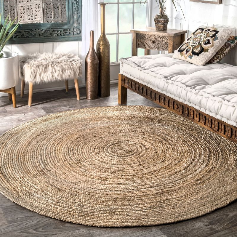 Nuloom 4 Round Rigo Jute Hand Woven Indoor Area Rug, Natural, Solid Farmhouse Design, Natural Fiber Bedroom, Living Room, Kitchen,