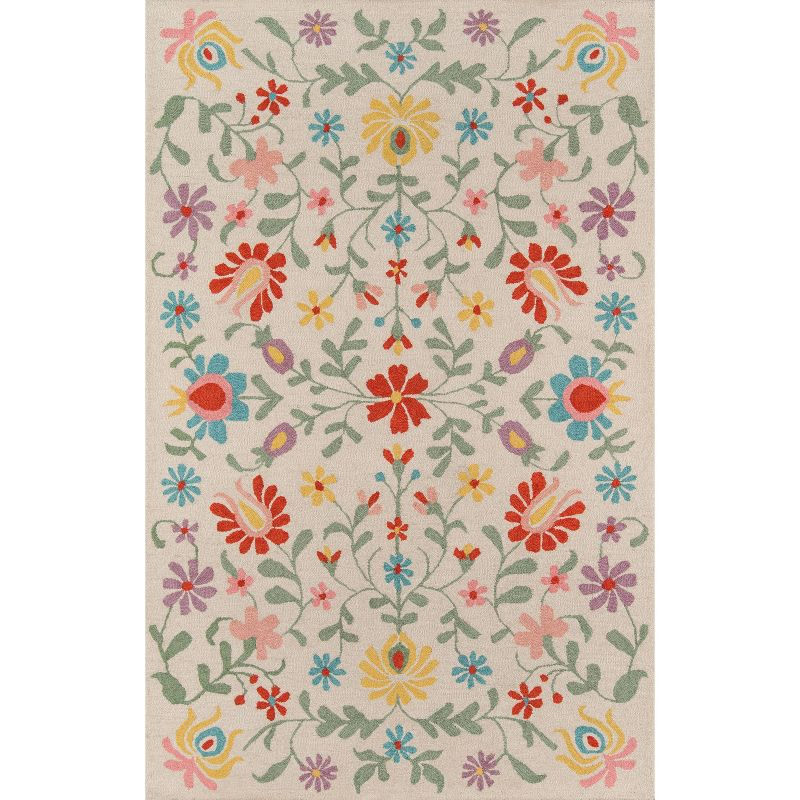 3'9"x5'9" Newport Area Rug Ivory - Momeni: Wool, Floral Bohemian, Low Pile, Handmade, Indoor Use, Vacuum Recommended