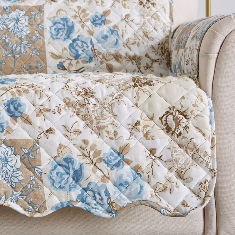 Great Bay Home Floral Patchwork Reversible Furniture Protector  (Loveseat, Taupe / Blue)
