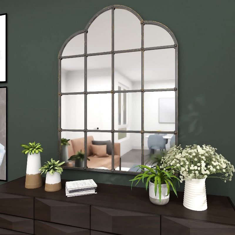 Metal Window Pane Inspired Wall Mirror with Arched Tops and Studs Black - Olivia & May