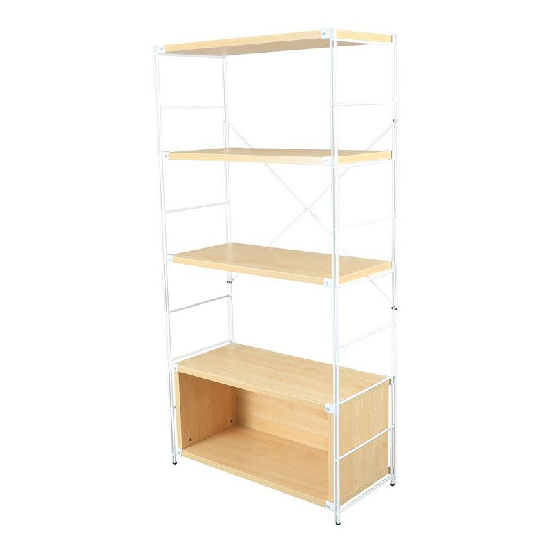 LeisureMod Etagere 4-Shelf Bookcase - White Stainless Steel Frame, Durable Melamine Shelves, Perfect for Living Rooms or Offices, Natural Wood