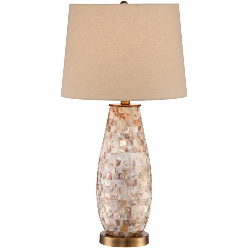Regency Hill Kylie Cottage Table Lamp 26 1/2" High Mother of Pearl Tile Vase Beige Drum Shade for Bedroom Living Room Bedside Nightstand Office Kids