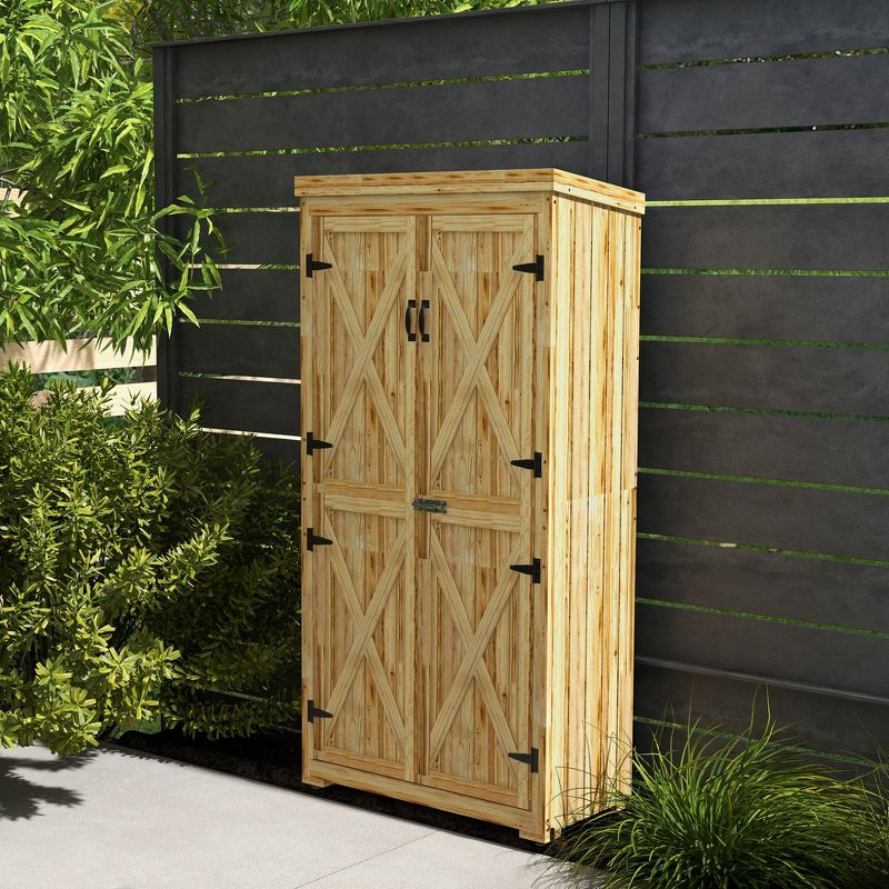 Outsunny Outdoor Storage Cabinet, Wooden Garden Storage Shed with Waterproof Galvanized Metal Roof, Natural