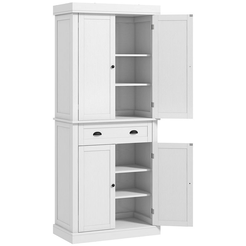 HOMCOM 72.5" Traditional Freestanding Kitchen Pantry Cupboard with 2 Cabinet, Drawer and Adjustable Shelves, White Wood Grain