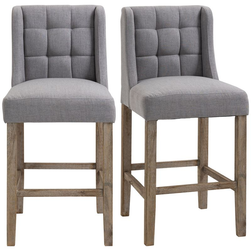 HOMCOM Counter Height Bar Stools, Tufted Upholstered Barstools, Pub Chairs with Back, Rubber Wood Legs for Kitchen, Dinning Room, Set of 2, Gray