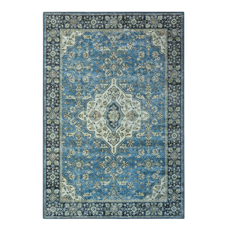 Vintage Distressed Floral Border Traditional Machine Washable Indoor Area Rug, 4' x 6', Blue - Blue Nile Mills