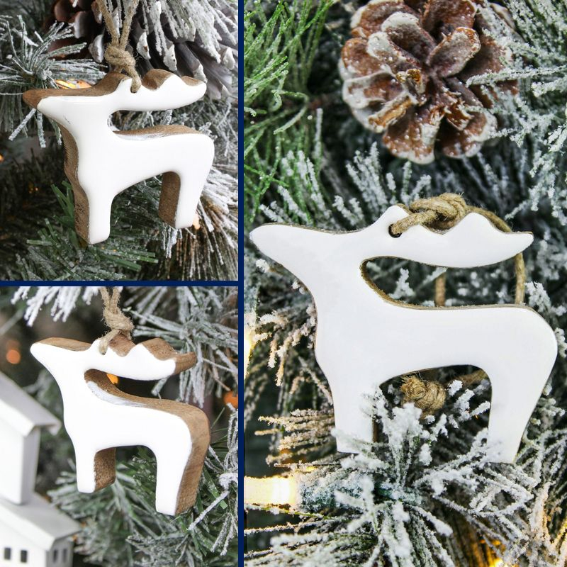 AuldHome Design White Reindeer Christmas Ornaments 12pk; Rustic Farmhouse Wood w/ Enamel Tree Decorations, Retro Vintage Enamelware Style