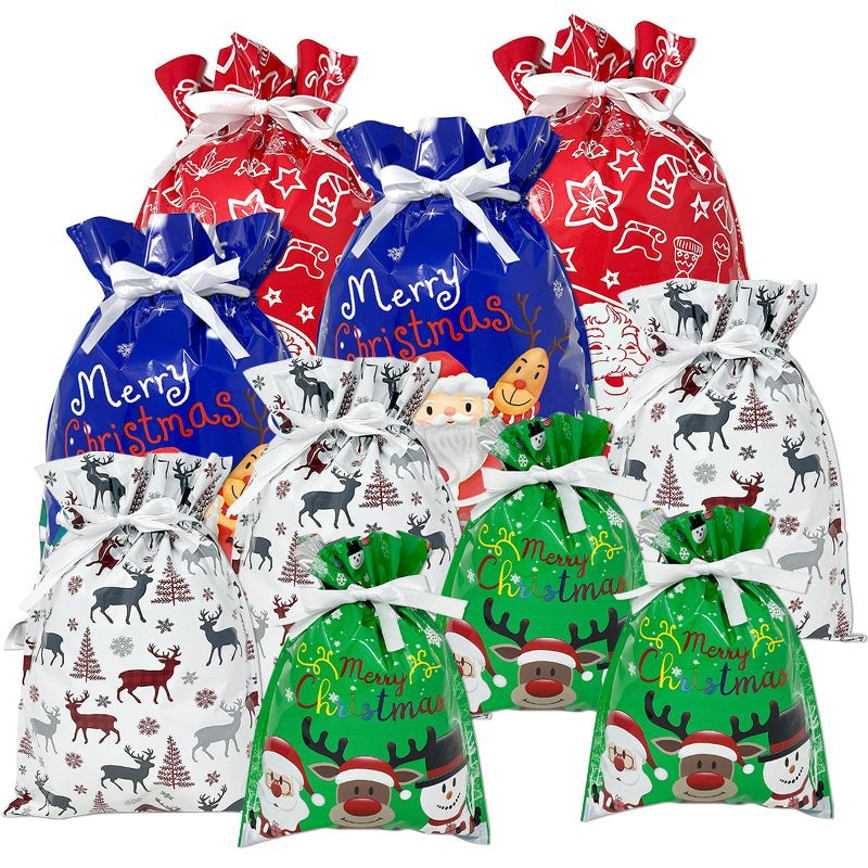 Wrapables Aluminum Foil Christmas Holiday Drawstring Gift Bags for Party Favors, Goodie Bag, Treats, Gift Wrap, Parties Red & Green (Set of 10)