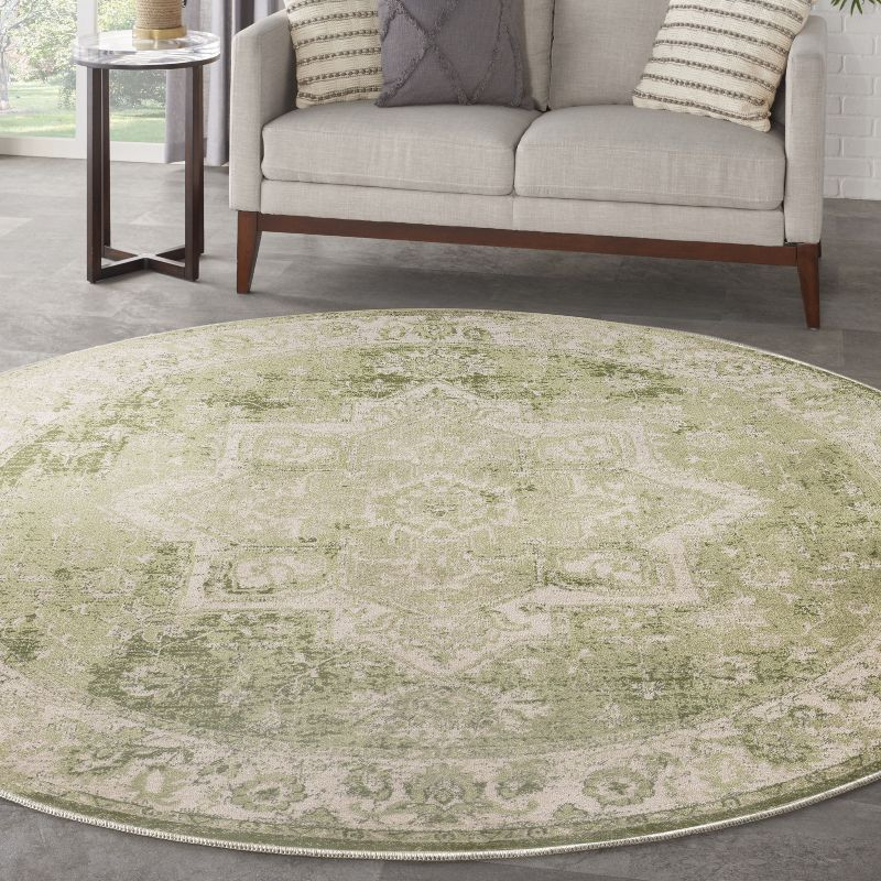 Nourison Washable Astra Vintage Medallion Indoor Flatweave Area Rug Ivory Green 5'3" x Round