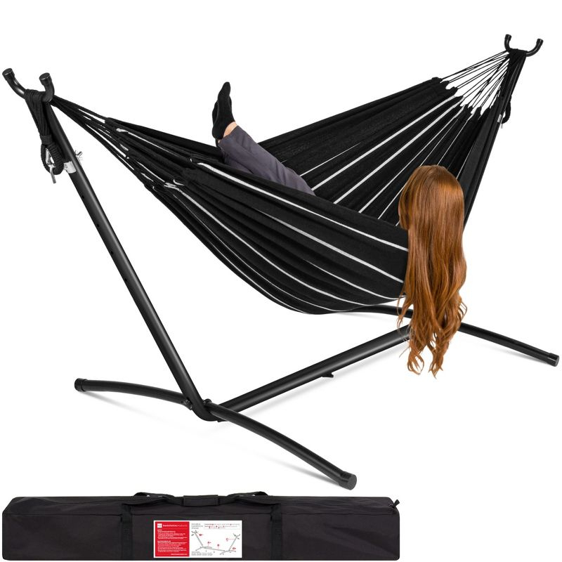 Best Choice Products 2-Person Brazilian-Style Cotton Double Hammock with Stand Set w/ Carrying Bag - Onyx