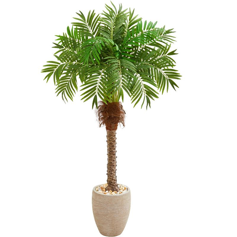 Nearly Natural 63-in Robellini Palm Artificial Tree in Sandstone Planter
