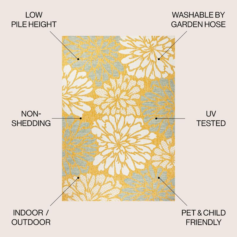 5' x 5' Zinnia Modern Floral Textured Weave Indoor/Outdoor Area Rug, Yellow/Cream - JONATHAN Y