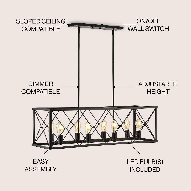 JONATHAN Y Galax 39" 8-Light Adjustable Iron Farmhouse Industrial LED Dimmable Pendant, Oil Rubbed Bronze