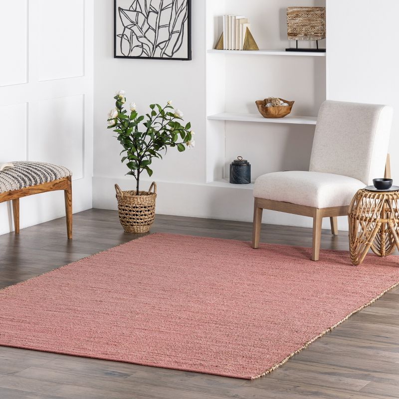Nuloom 4x6 Elfriede Jute & Cotton Hand Woven Indoor Area Rug, Pink, Solid Rustic Farmhouse Style Natural Fiber Bedroom, Living Room,
