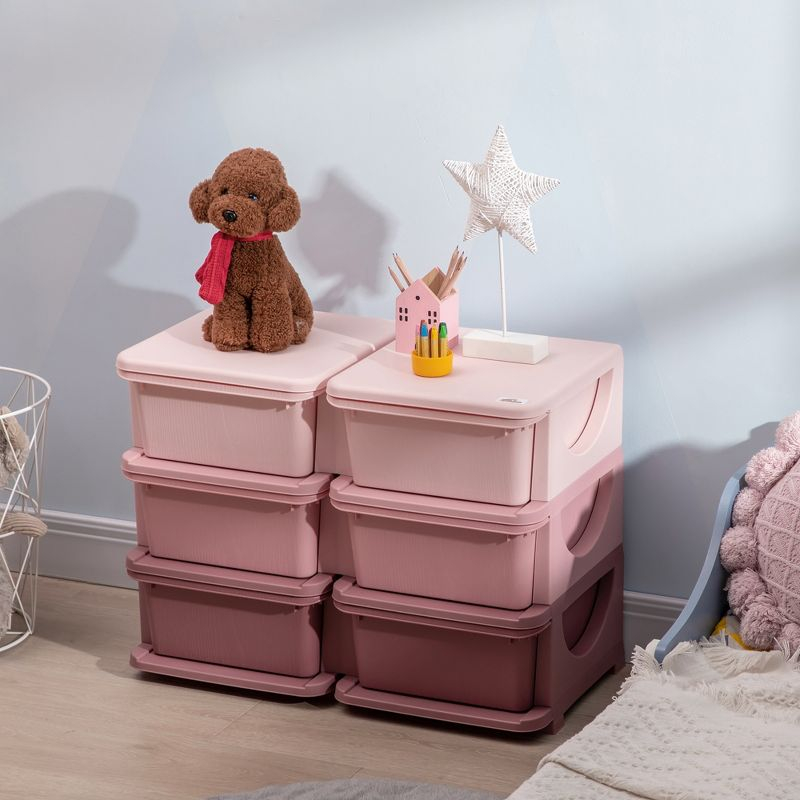 Qaba 3 Tier Kids Storage Unit w/ 6 Drawers Chest Toy Organizer Plastic Bins for Kids Bedroom Nursery Living Room for Boys Girls Toddlers, Pink