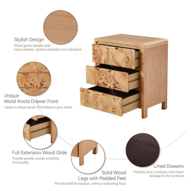 COZAYH Farmhouse 3 Drawer Dresser, Rustic Vintage Nightstand, Home Bedroom Wooden Side Table Burl Finish Vintage Accent, Natural