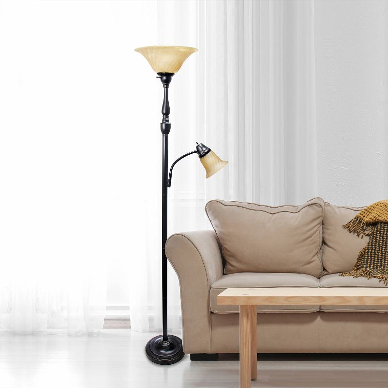 Torchiere Floor Lamp with Reading Light and Marble Glass Shades Restoration Bronze/Amber - Lalia Home: Adjustable, UL Listed, Metal Base