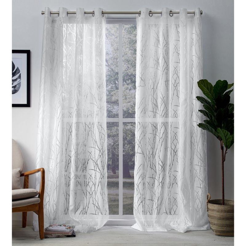Set of 2 84"x52" Edinburgh Branch Sheer Burnout Grommet Top Window Curtain Panel White - Exclusive Home: Modern Botanical Design, Indoor Use