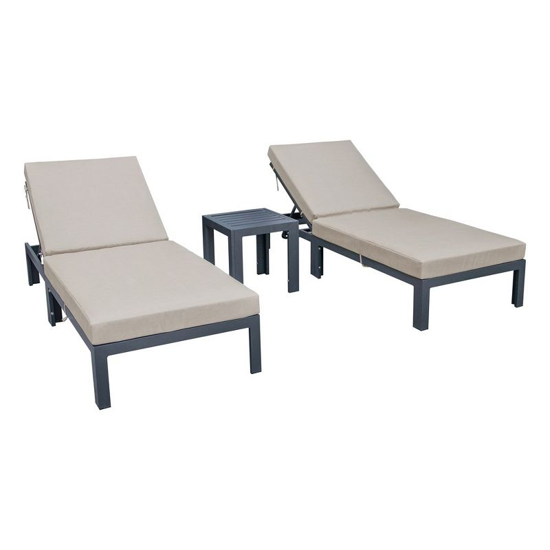 LeisureMod Chelsea Modern Outdoor Chaise Lounge Chair Set with Side Table, Black Aluminum – Set of 2 in Beige