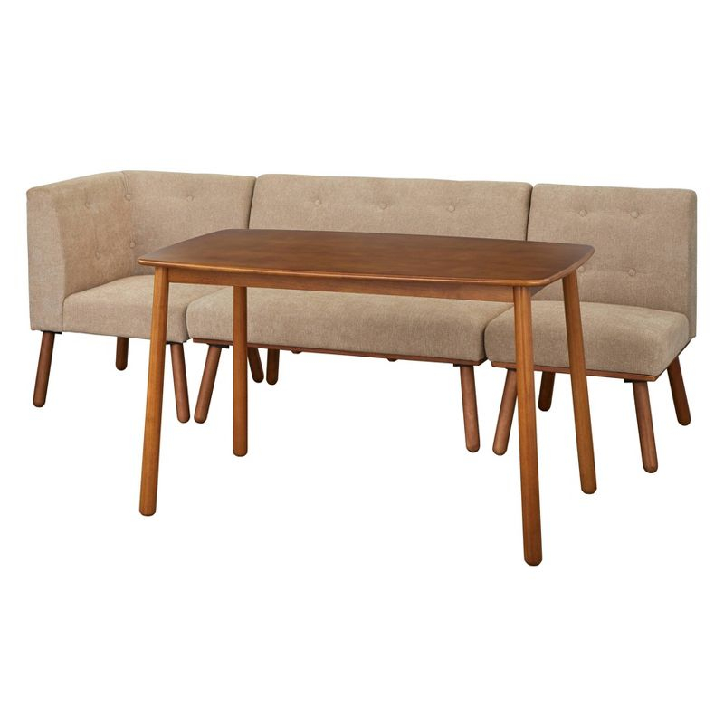 Buylateral 4pc Playmate Mid Century Modern Upholstered Breakfast Nook Dining Set Walnut/Beige: Versatile Upholstered Furniture, Rubberwood Frame