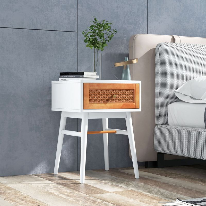 Costway Nightstand Modern Bedside End Table with Storage Drawer & Solid Wood Legs White