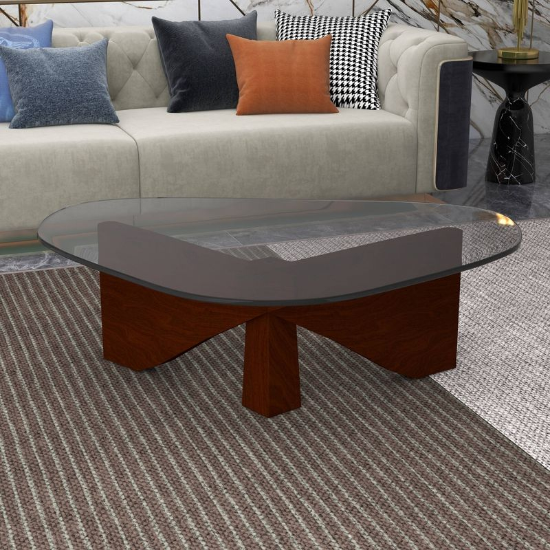 LeisureMod Imperial Collection Triangular Glass Top Coffee Table with Glossy Ash Wood Base for Home, Living Room, Office