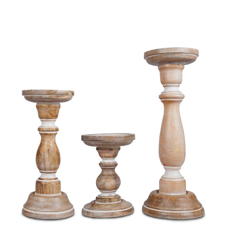 Mela Artisans White Wood Candle Holders, Table Centerpiece, Made from Mango Wood
