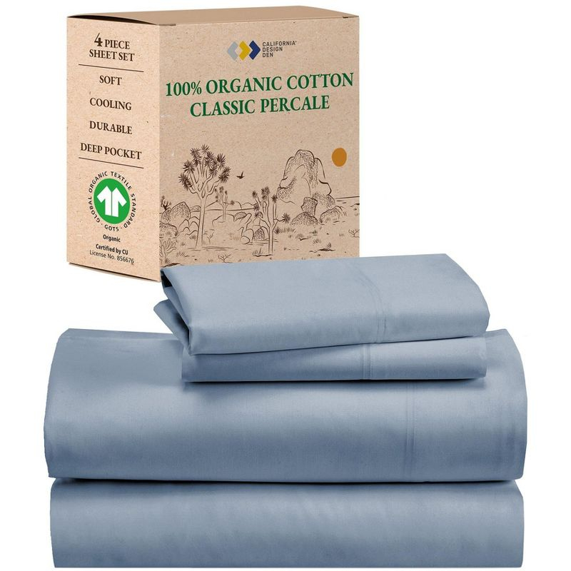 Queen Sheets Set, 100% Organic Cotton Percale, Blue Hydrangea Bed Sheets by California Design Den