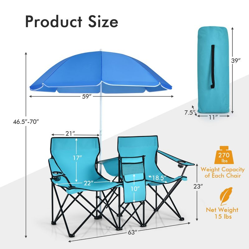 Portable Folding Picnic Double Chair W/Umbrella Table Cooler Beach Camping Turquoise