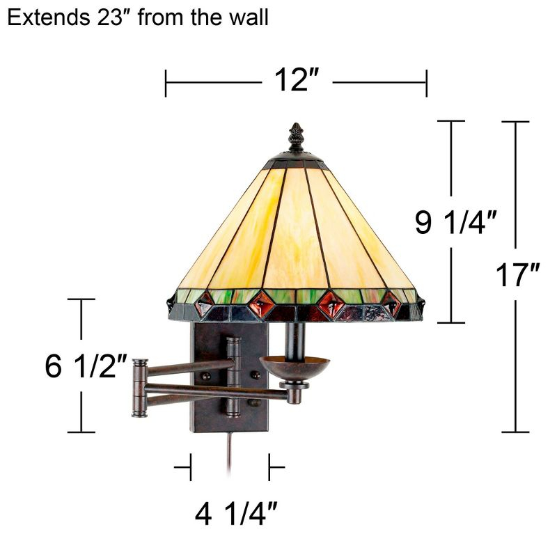 Robert Louis Tiffany Vintage Rustic Swing Arm Wall Lamp Bronze Plug-in Light Fixture Stained Glass for Bedroom Bedside Living Room Reading Home House