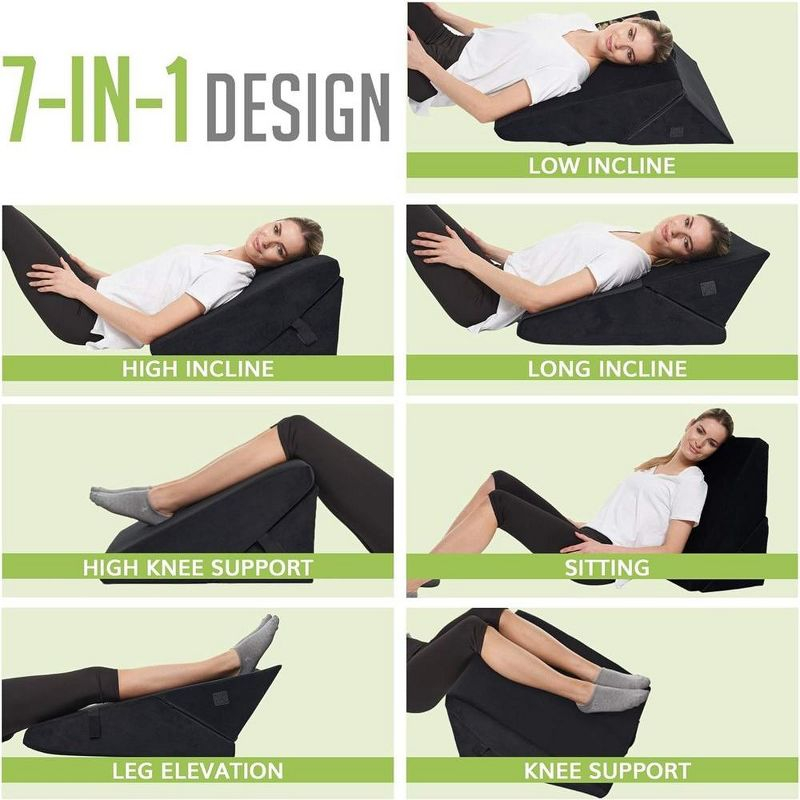 Allsett Health Wedge Pillow - Adjustable 9&12 Inch Memory Foam Cushion for Legs and Back Support - Acid Reflux, and GERD - Machine Washable - Black