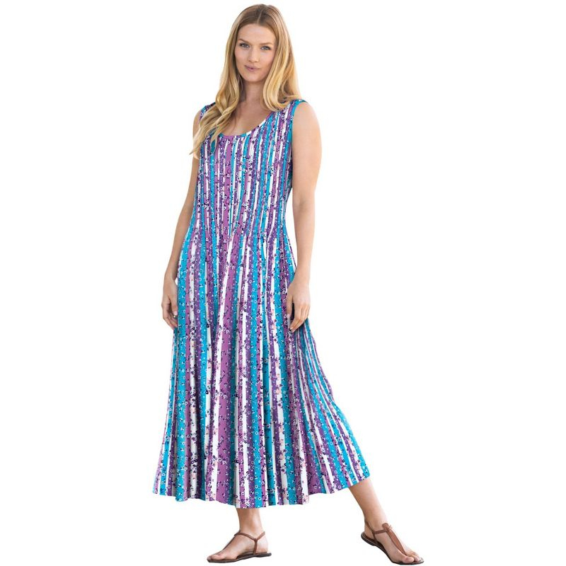 Woman Within Women's Plus Size Pintucked Sleeveless Dress - L, Pretty Violet Floral Stripe