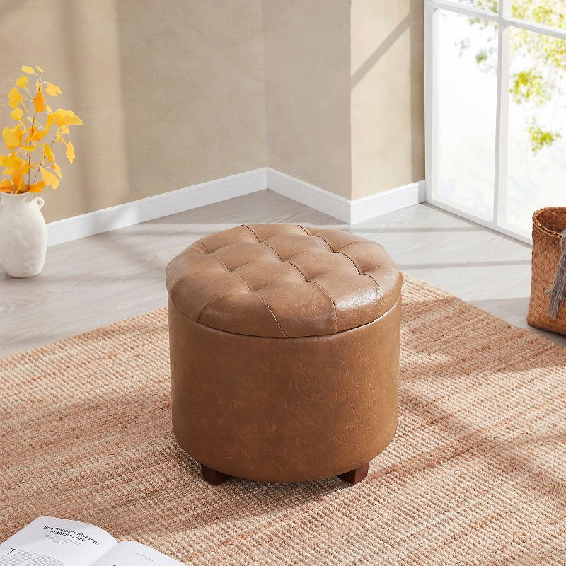 Ornavo Home Faux Leather Upholstered Round Tufted Storage Ottoman with Wooden Legs - Cognac