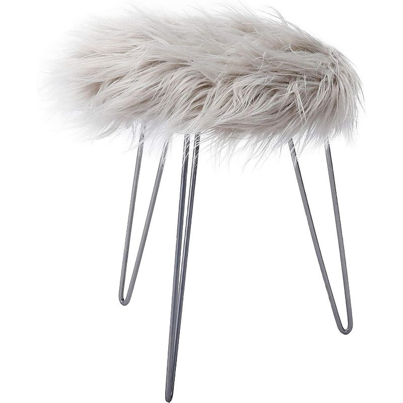 BirdRock Home Round Faux Fur Foot Stool Ottoman - Grey with Silver Legs