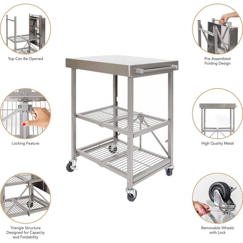 Origami RBT Fully Stainless Steel Foldable Kitchen Cart with 4 Professional Grade Caster Wheels Holds Up To 100 Pounds, Silver
