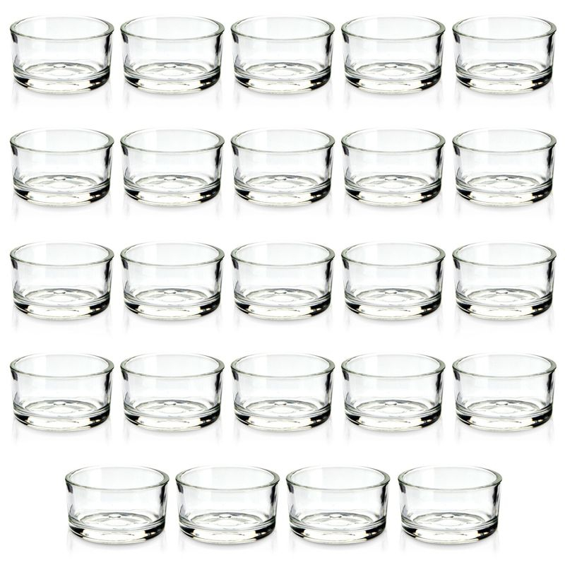 Juvale 24 Pack Clear Glass Short Tealight Candle Holders for Table Centerpieces, Wedding Receptions, Party Decorations, Restaurant Tables, 1 x 2 In
