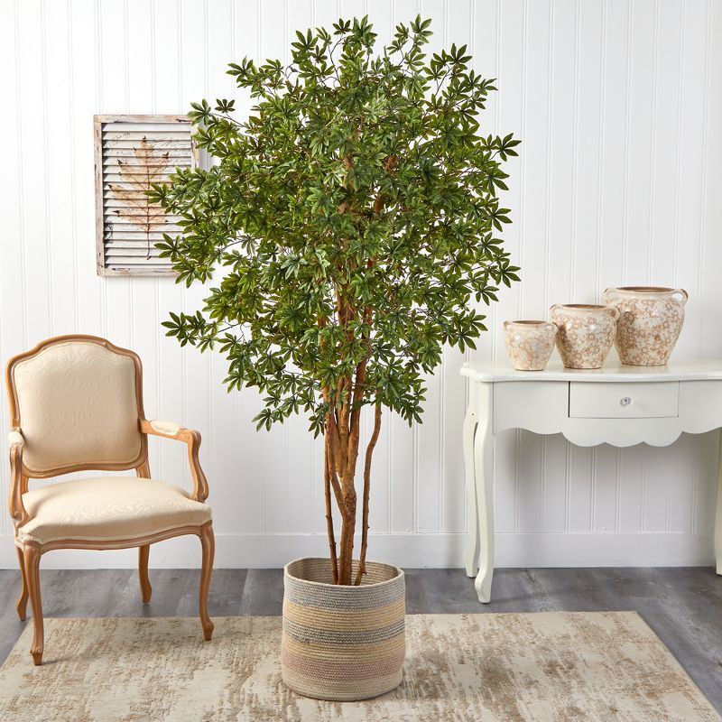 Nearly Natural 6-ft Japanese Maple Artificial Tree in Handmade Natural Cotton Multicolored Woven Planter