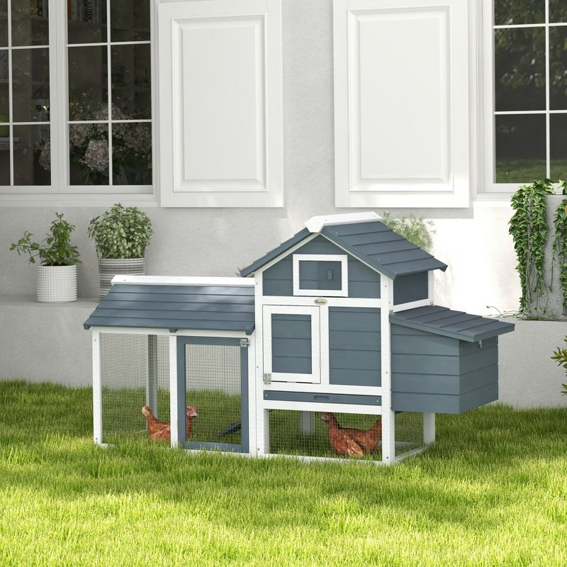PawHut 59" Small Wooden Chicken Coop Hen House Poultry Cage for Outdoor Backyard with 2 Doors, Nesting Box and Removable Tray, White